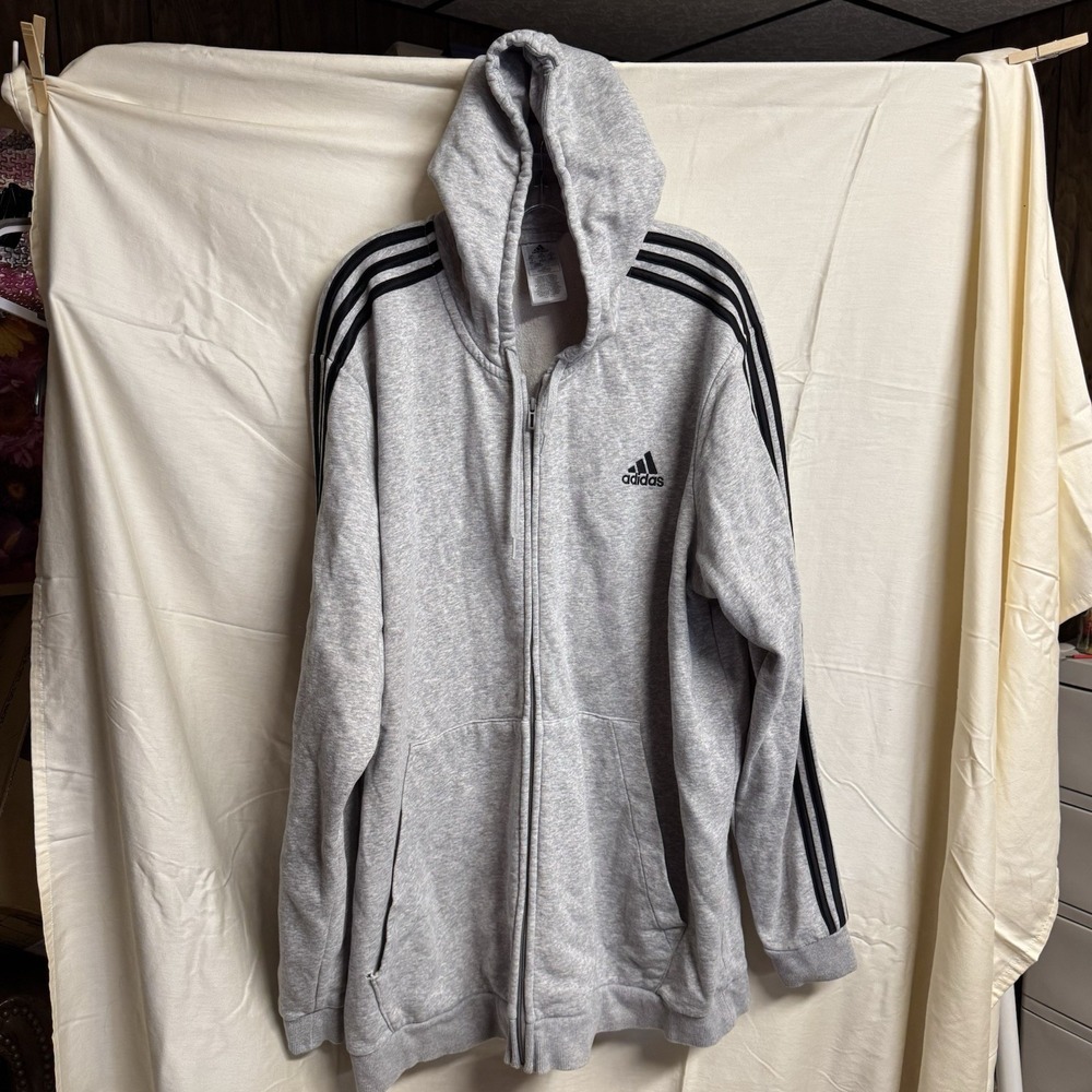 Adidas Hoodie Mens 3XLT Gray Full Zip 3 Stripe Fleece Big Tall Sweatshirt Y2K